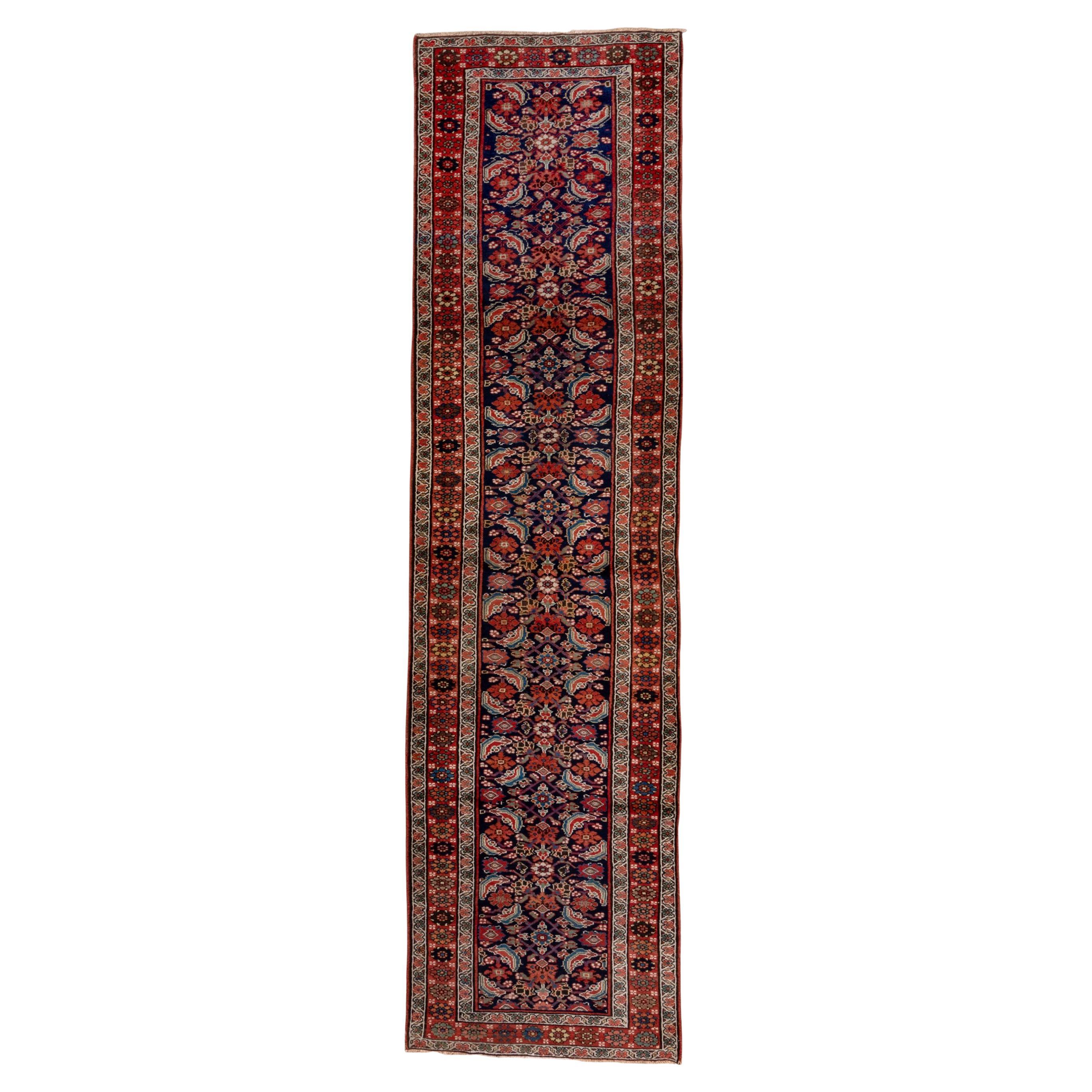1910 Antique Persian Malayer Runner, Dark Navy Field & Red Borders, Herati Field For Sale
