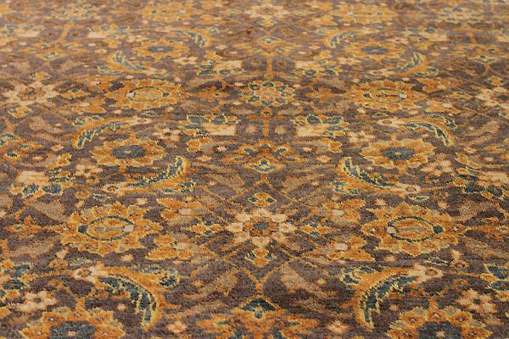 Hand-Woven 1910 Antique Persian Tabriz Rug with Beige & Rust Flower Details on Brown Field For Sale