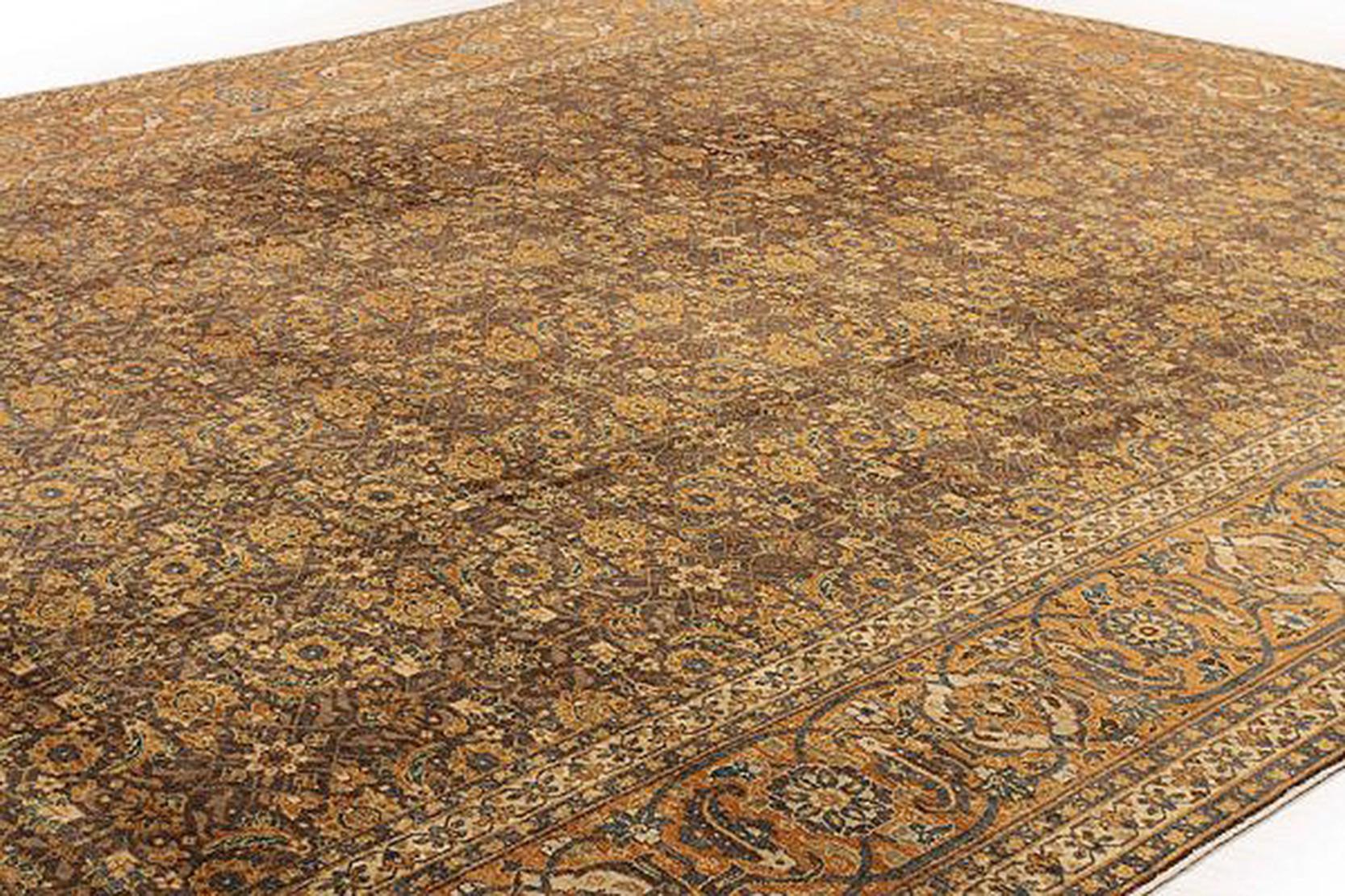 1910 Antique Persian Tabriz Rug with Beige & Rust Flower Details on Brown Field In Excellent Condition For Sale In Dallas, TX