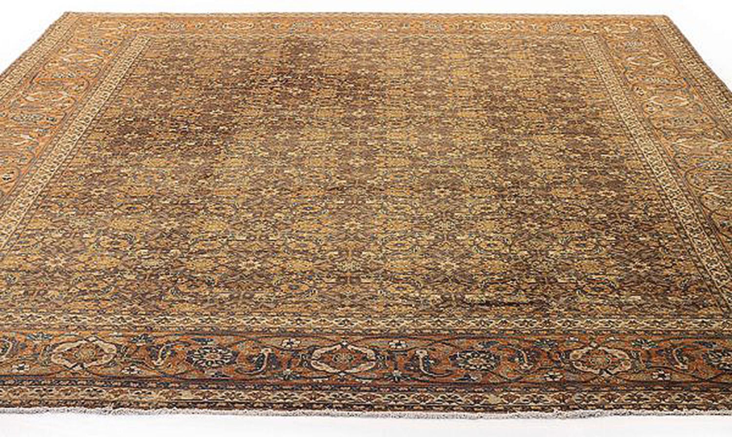 Early 20th Century 1910 Antique Persian Tabriz Rug with Beige & Rust Flower Details on Brown Field For Sale