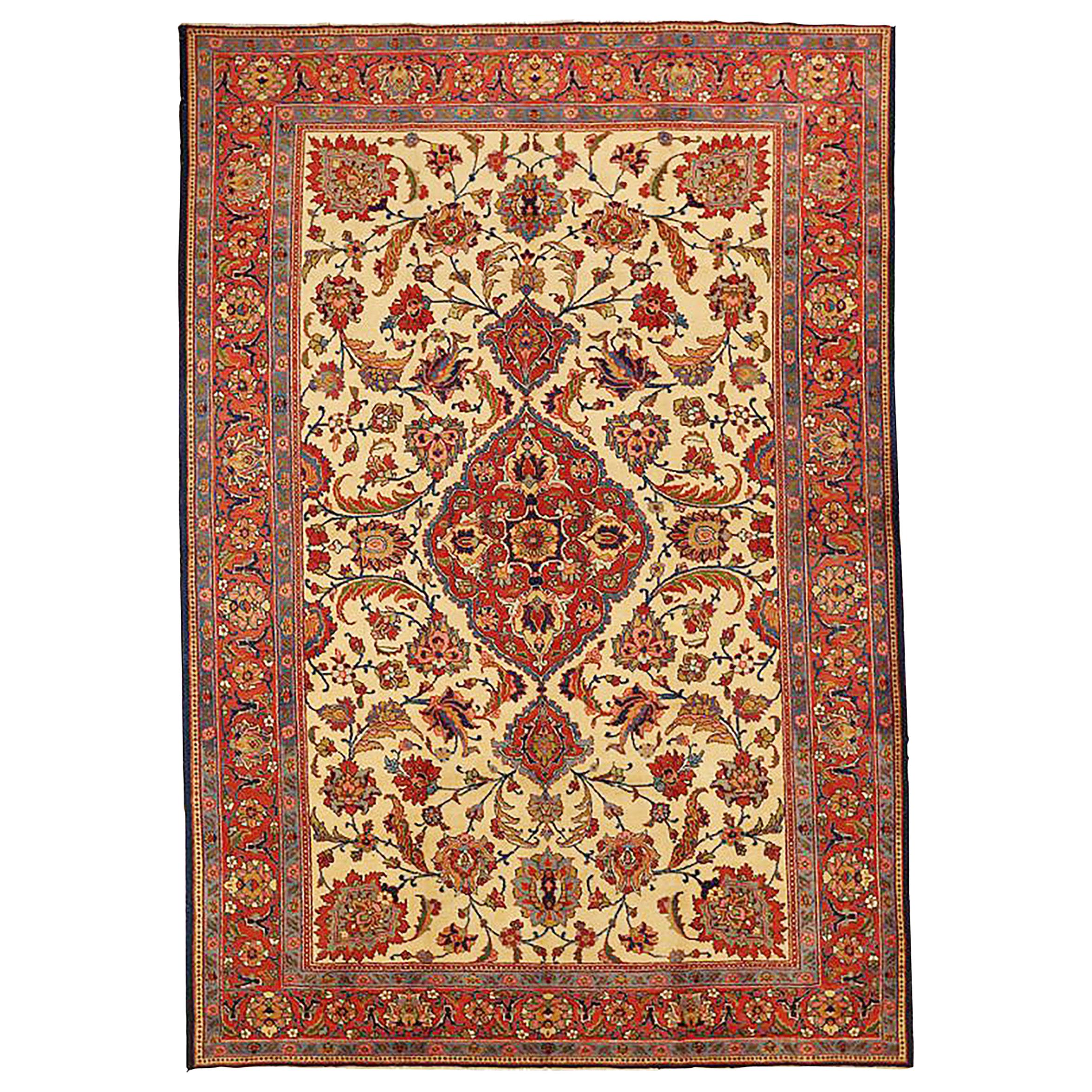 1910 Antique Persian Tabriz Rug with Red and Beige Flower Details on Ivory Field