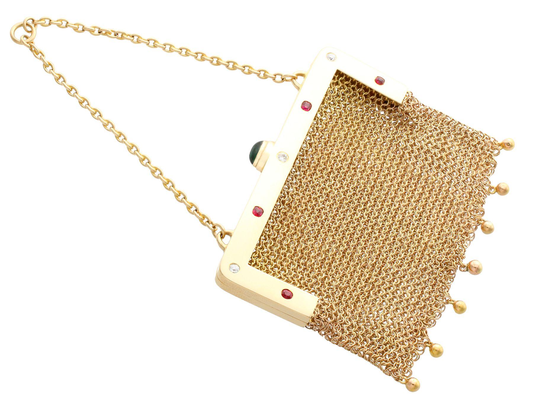 1910 Antique Sapphire, Ruby, and Diamond Yellow Gold Mesh Purse In Excellent Condition In Jesmond, Newcastle Upon Tyne