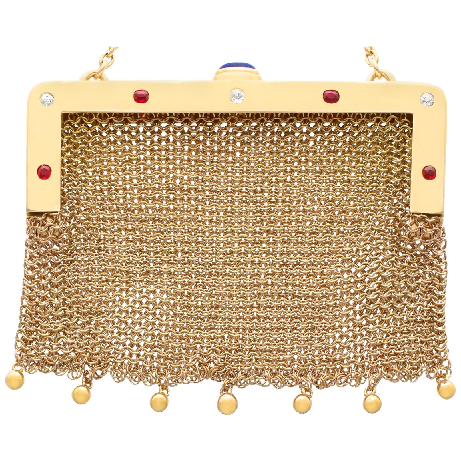 1910 Antique Sapphire, Ruby, and Diamond Yellow Gold Mesh Purse