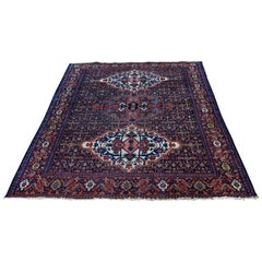 1910 Antique Senneh Pure Wool Hand Knotted Rug Navy Fish Design