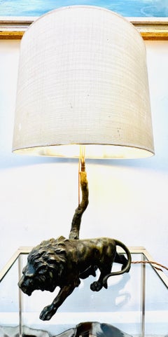 1910 Antique Spelter Bronze Effect Prowling Lion Table Lamp inc Original Shade
