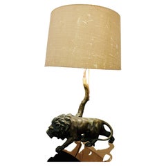 1910 Antique Spelter Bronze Effect Prowling Lion Table Lamp Inc Original Shade