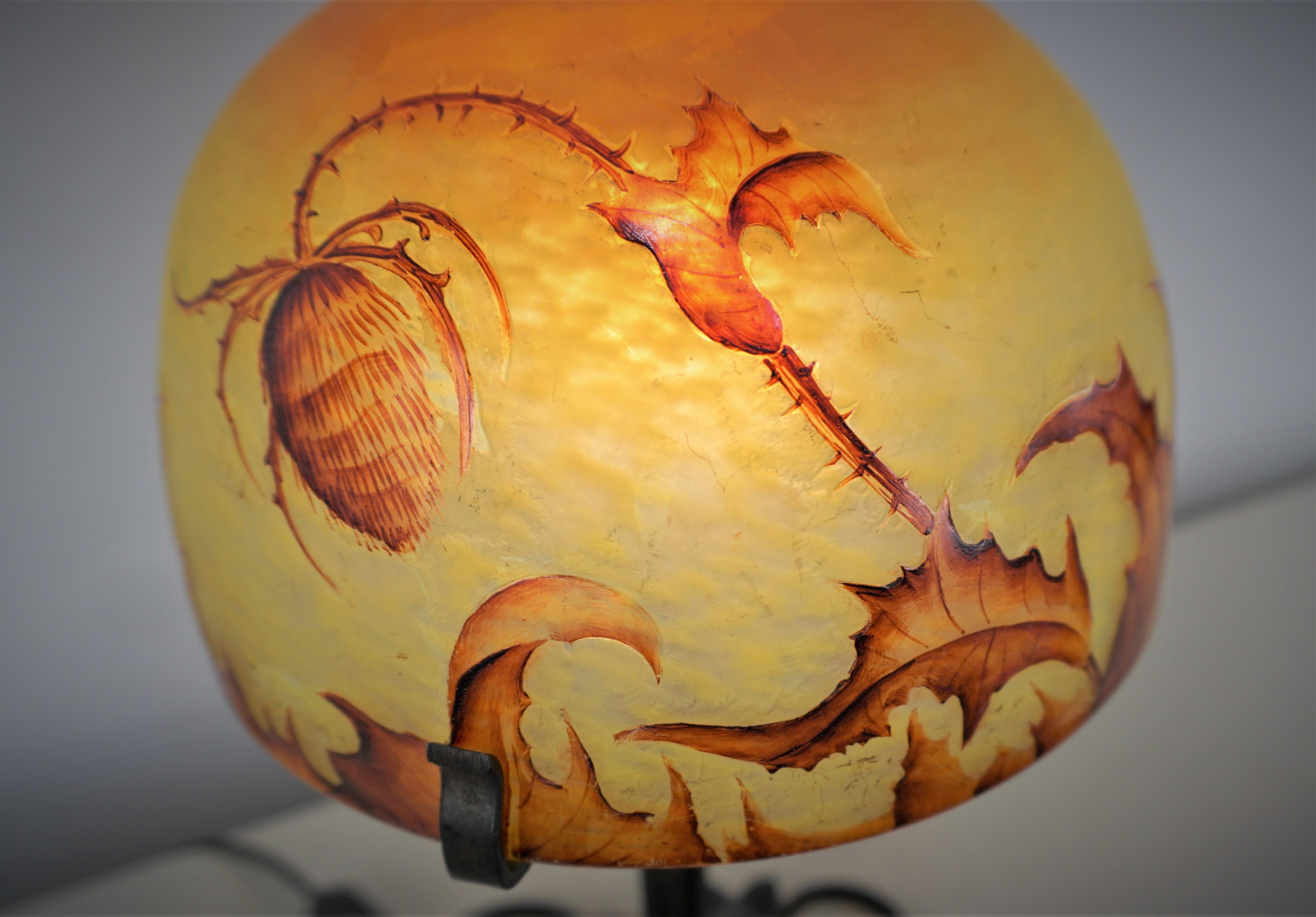 1910 Art Nouveau Cameo Glass Handmade Iron Base Table Lamp 5