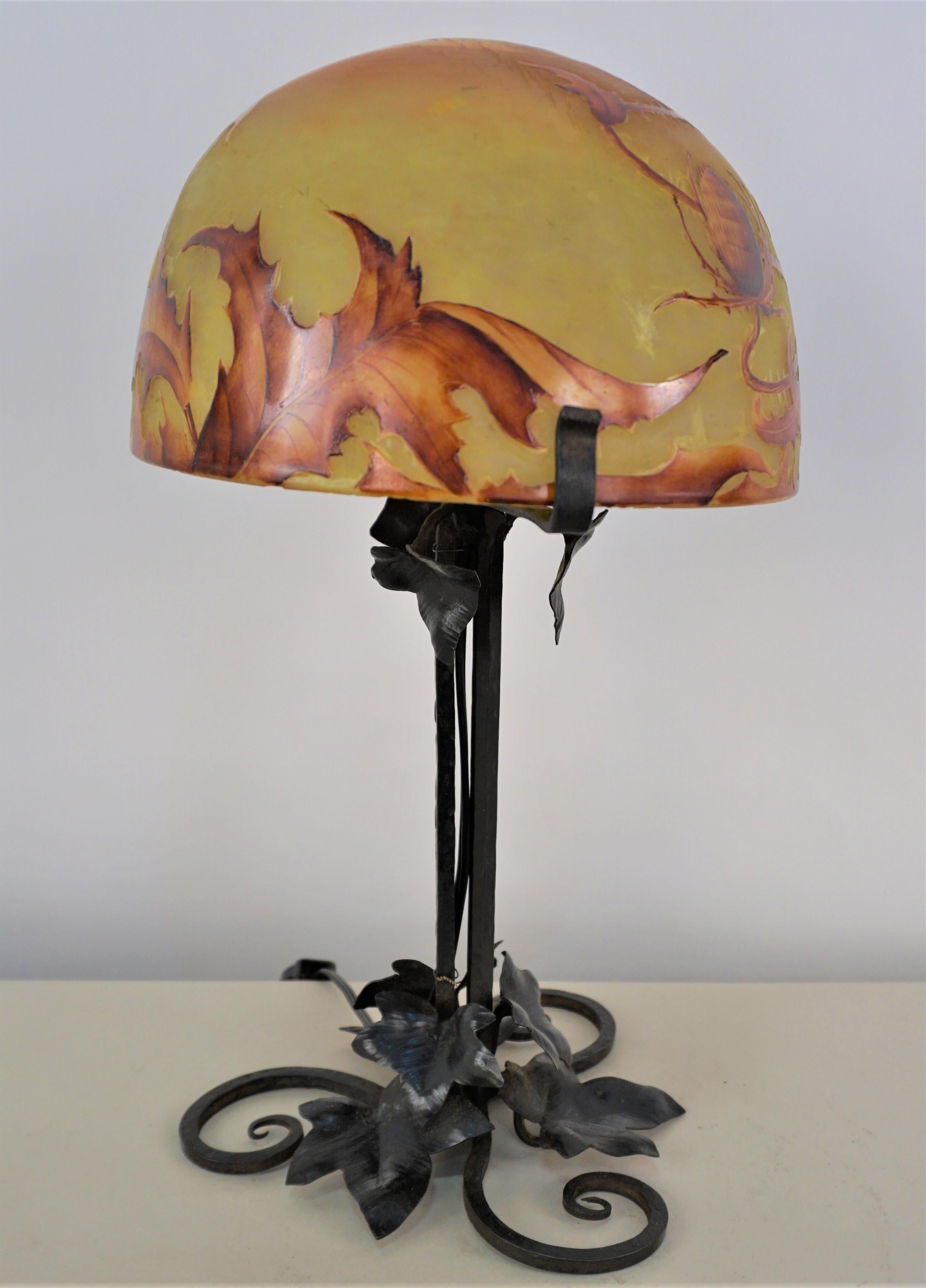 1910 Art Nouveau Cameo Glass Handmade Iron Base Table Lamp 6