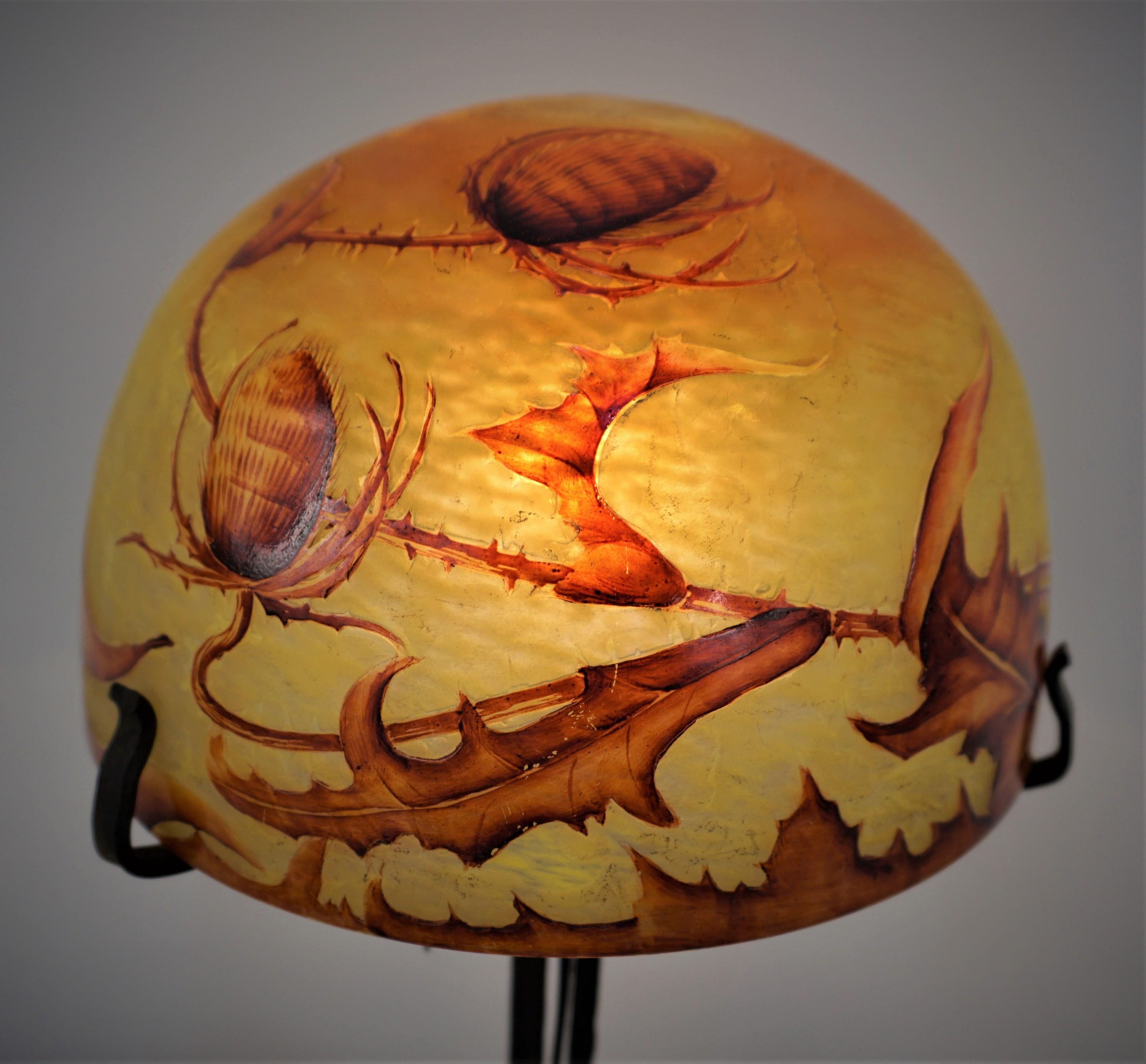 French 1910 Art Nouveau Cameo Glass Handmade Iron Base Table Lamp