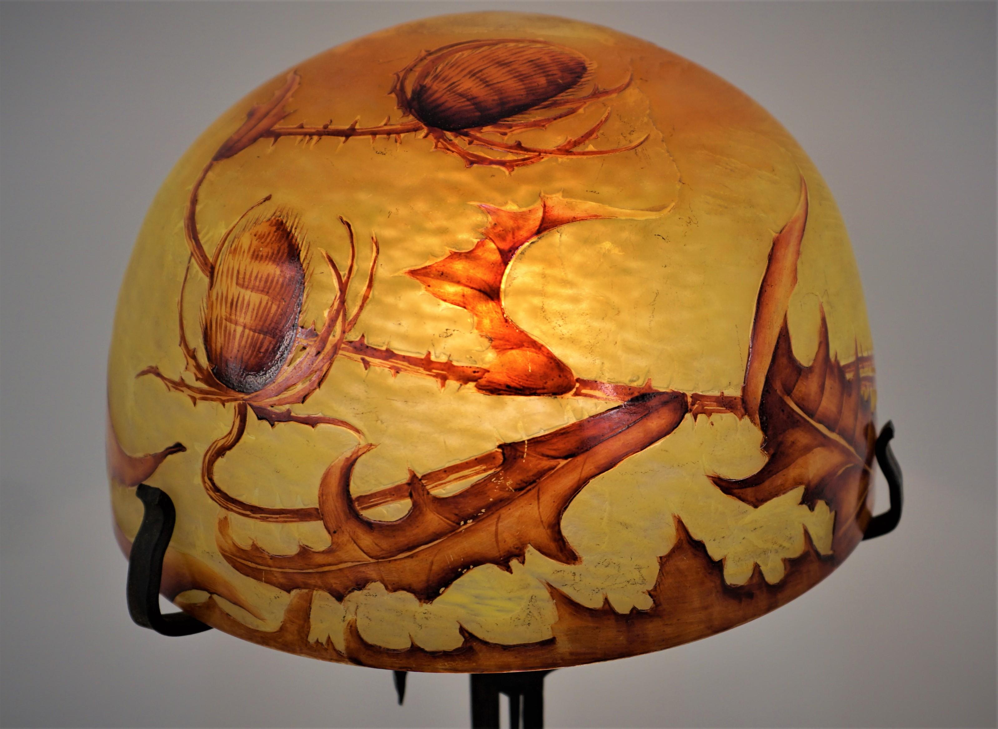 Early 20th Century 1910 Art Nouveau Cameo Glass Handmade Iron Base Table Lamp