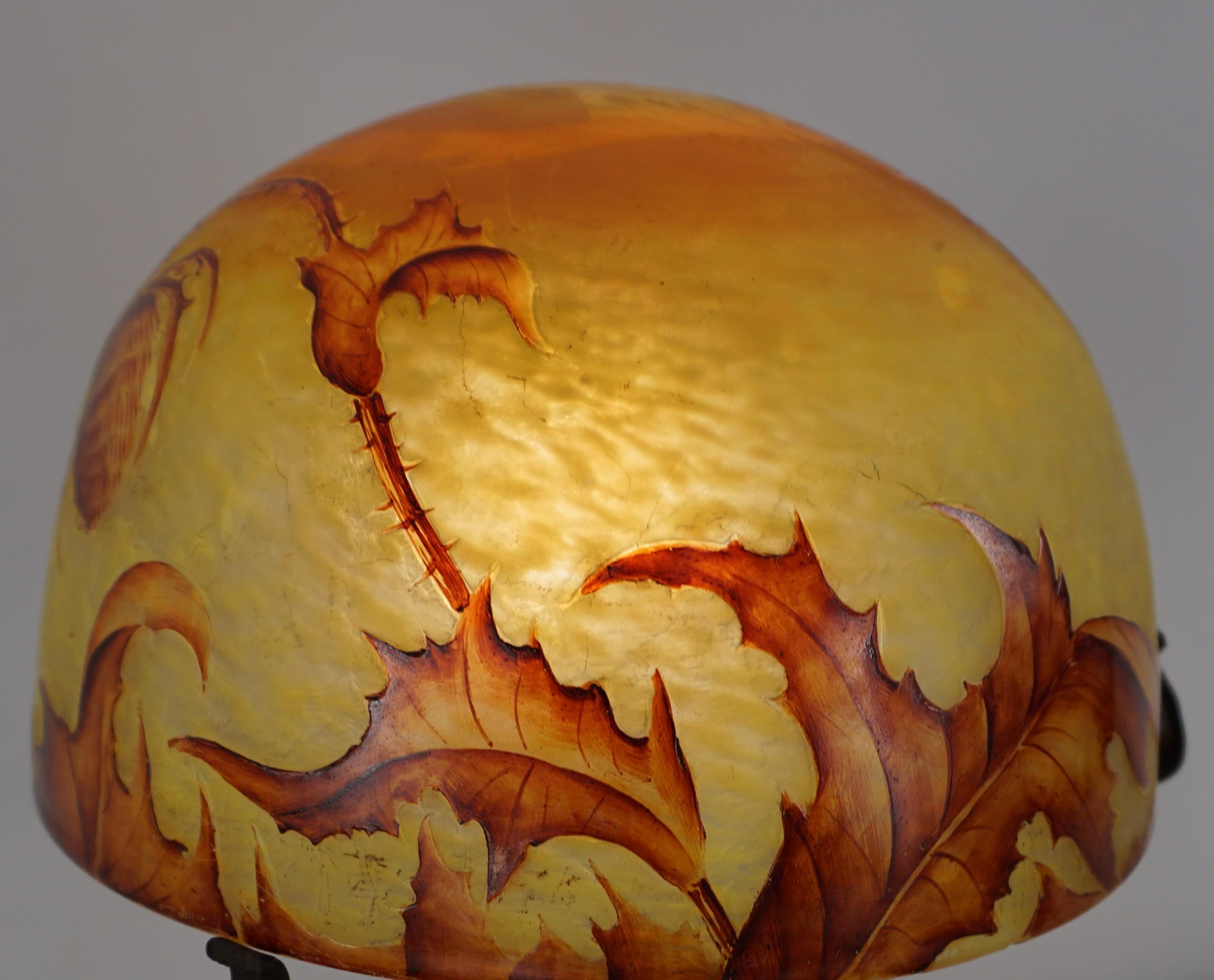 Art Glass 1910 Art Nouveau Cameo Glass Handmade Iron Base Table Lamp