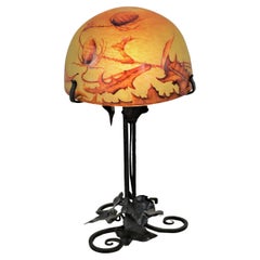 1910 Art Nouveau Cameo Glass Handmade Iron Base Table Lamp