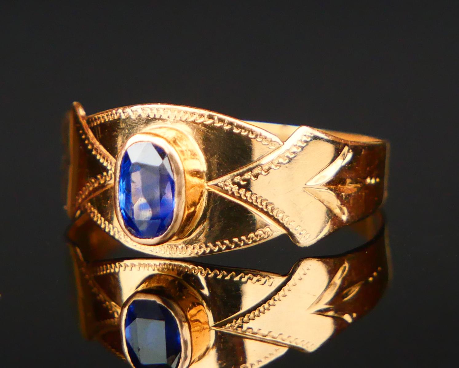 1910 Jugendstil Ring natürlich 0.35ct Blauer Saphir massiv 18K Gold ØUS4.75/ 1.2gr (Ovalschliff) im Angebot