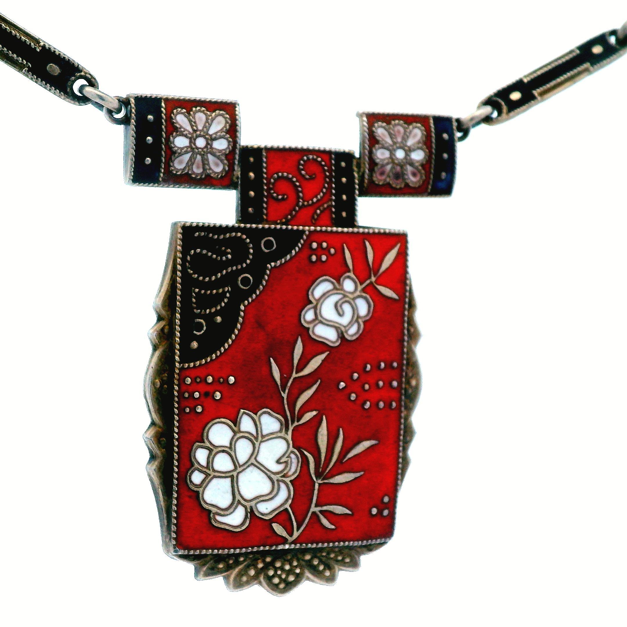 Theodore Farner 1910 Art Noveau Red, Black, White Enamel SS Necklace For Sale 1