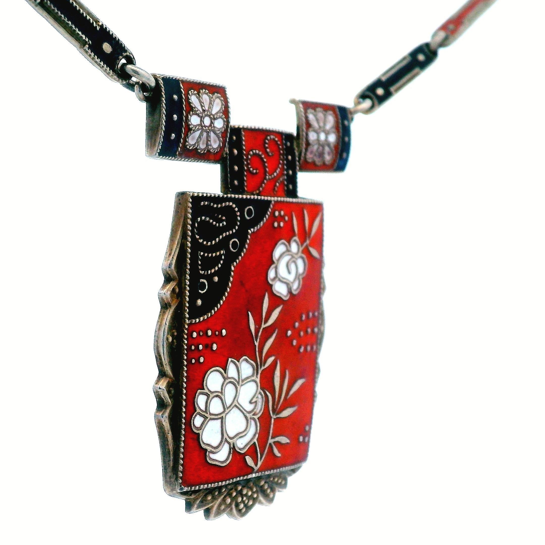 Theodore Farner 1910 Art Noveau Red, Black, White Enamel SS Necklace For Sale 2