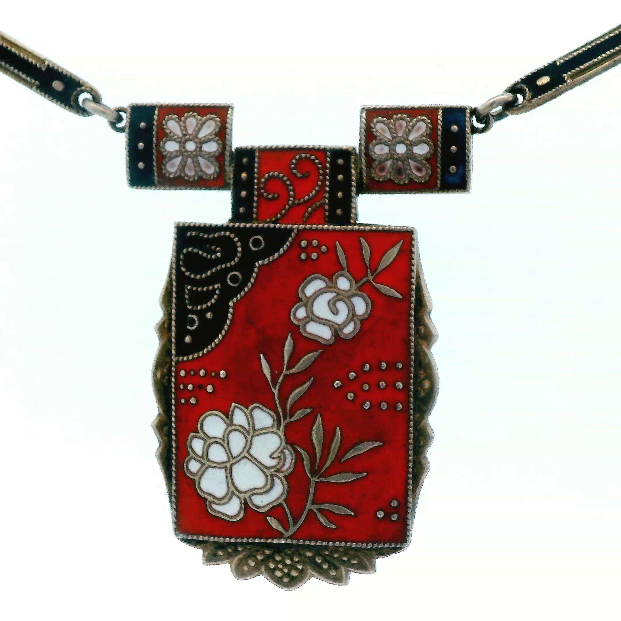 Theodore Farner 1910 Art Noveau Red, Black, White Enamel SS Necklace For Sale 3