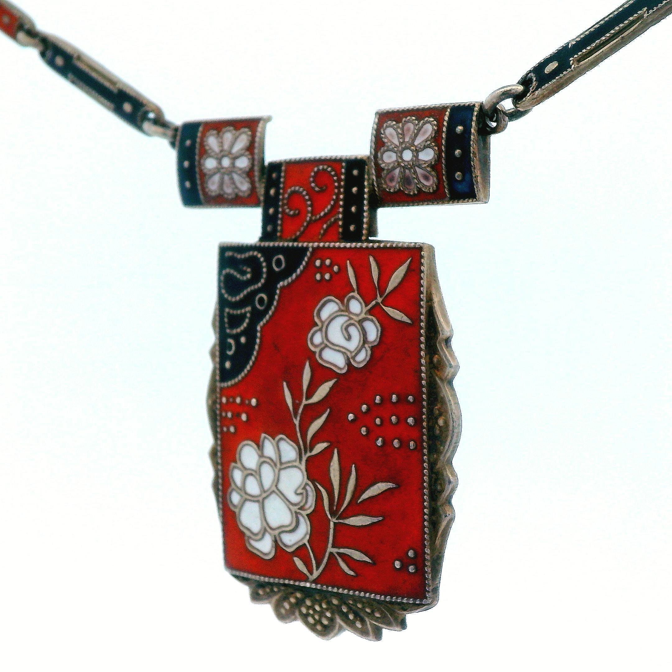 Theodore Farner 1910 Art Noveau Red, Black, White Enamel SS Necklace For Sale 4