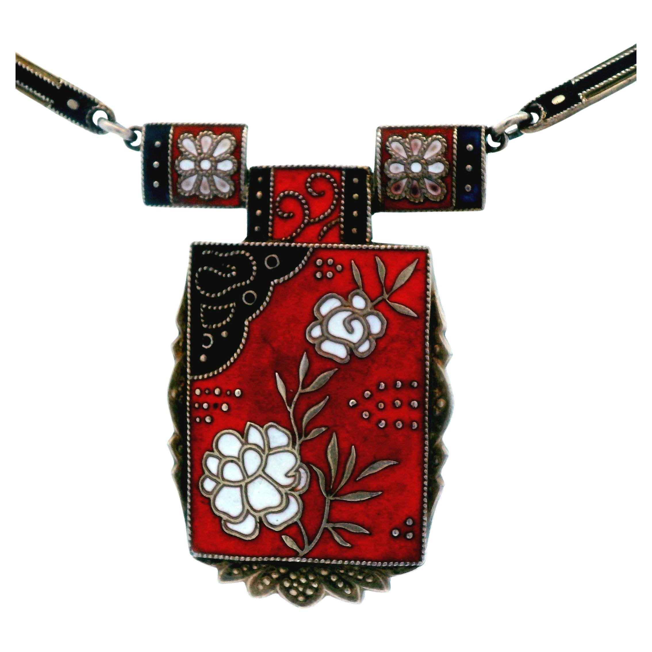 Theodore Farner 1910 Art Noveau Red, Black, White Enamel SS Necklace For Sale