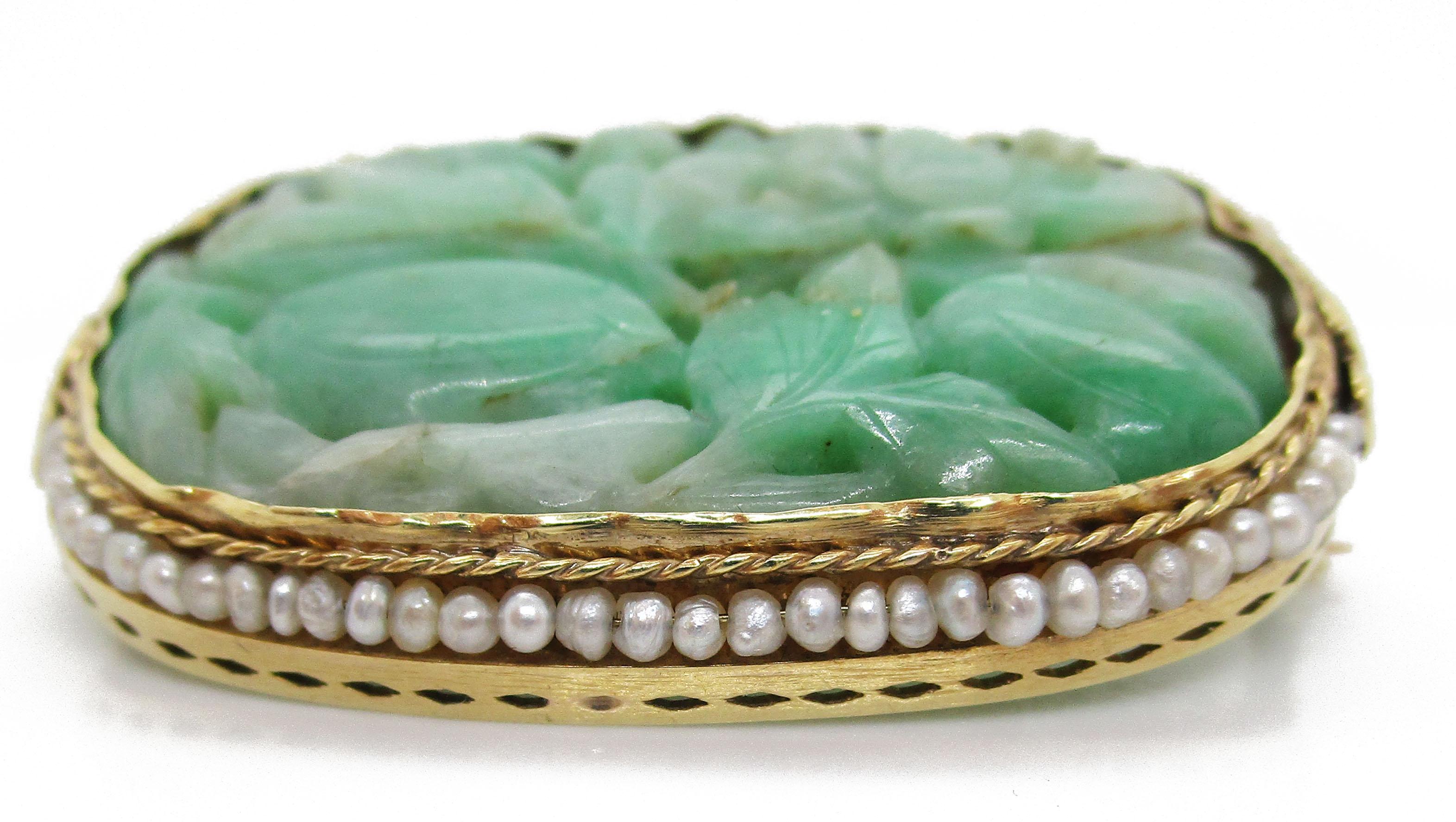 Arts and Crafts 1910 Arts & Crafts 14 Karat Yellow Gold Carved Jade and Seed Pearl Brooch