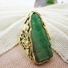 1910 Arts & Crafts 14k Green Gold Carved Jade Statement Ring