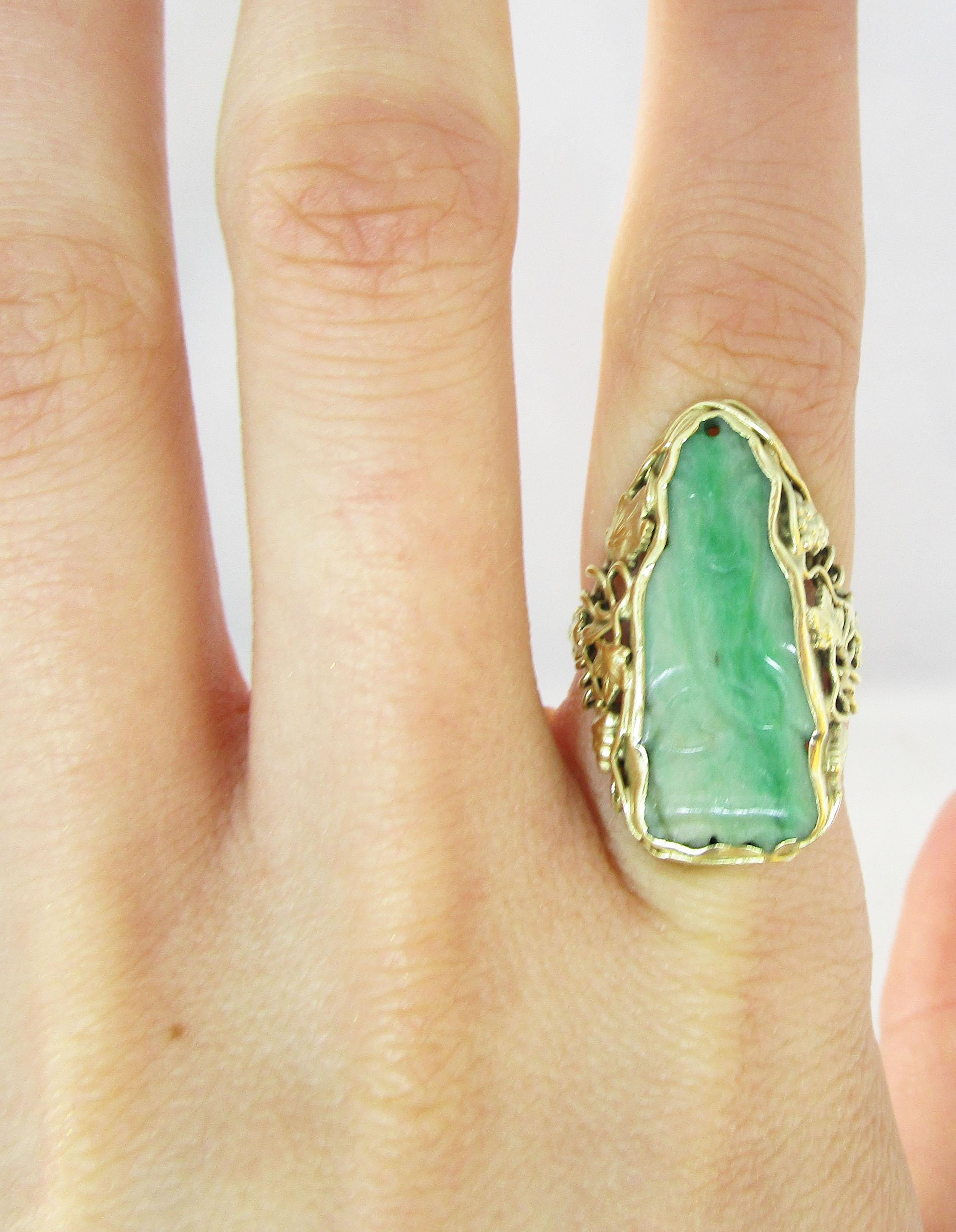 Arts and Crafts 1910 Arts & Crafts 14k Green Gold Carved Jade Statement Ring For Sale