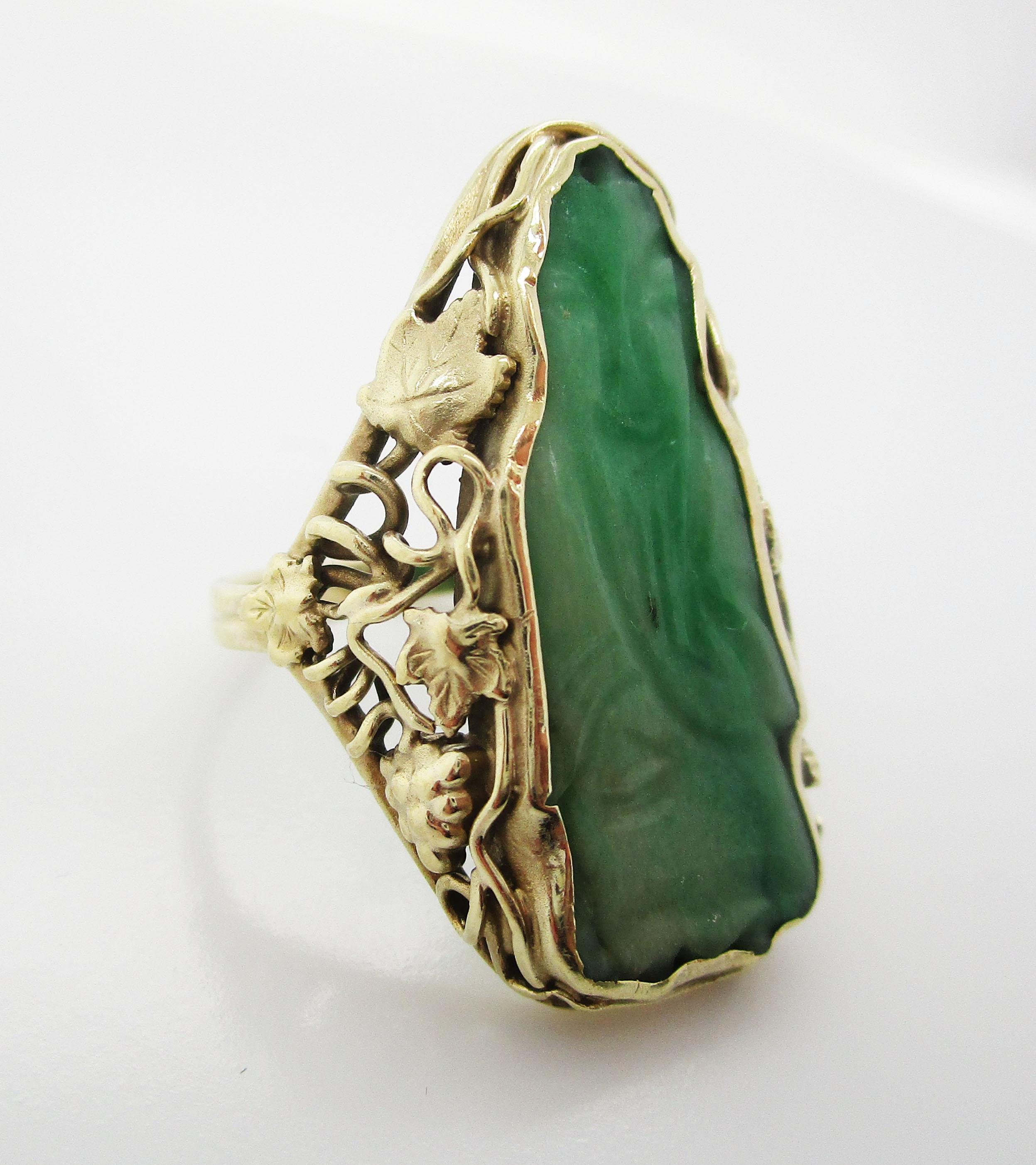 Uncut 1910 Arts & Crafts 14k Green Gold Carved Jade Statement Ring For Sale