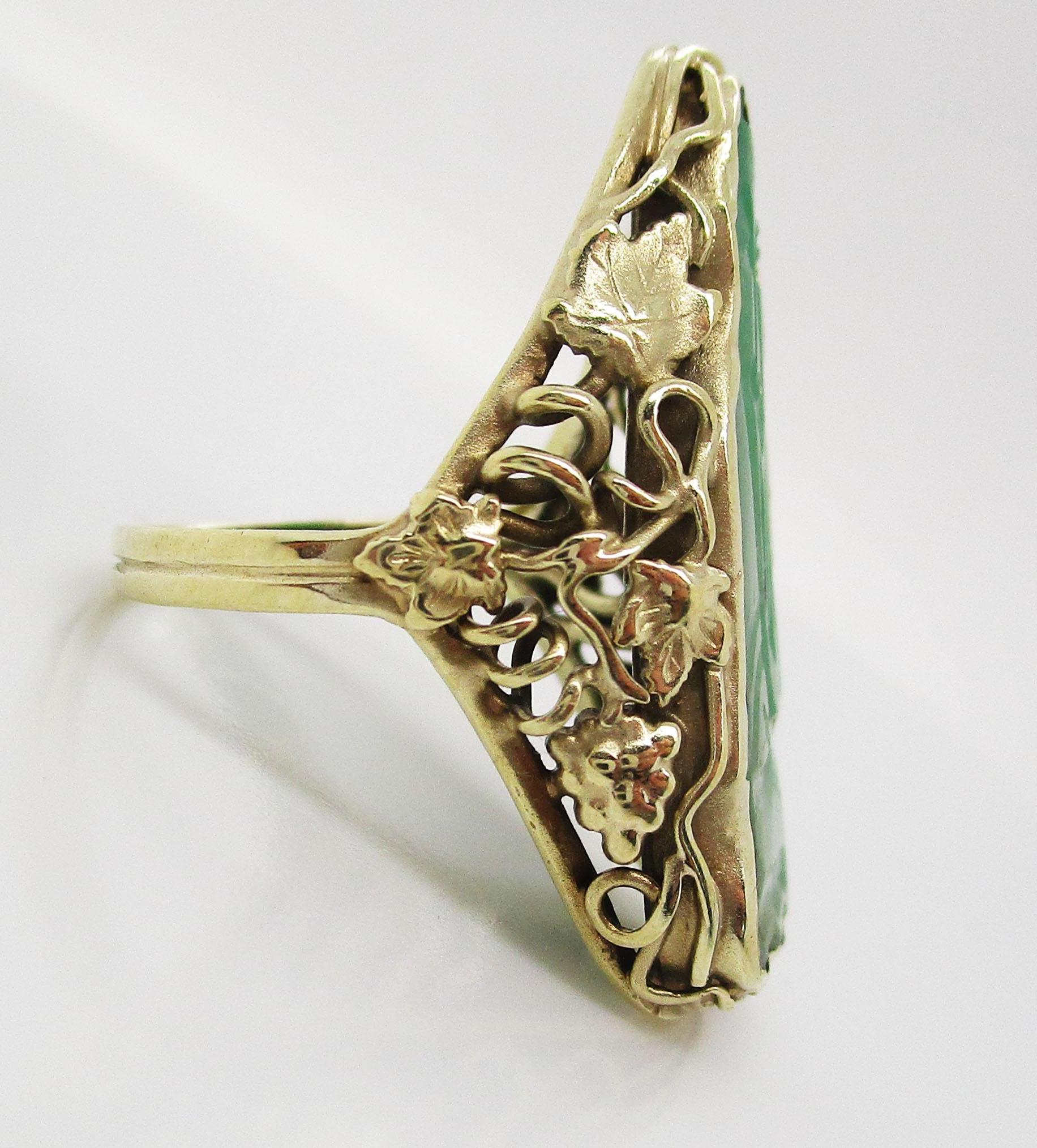Women's or Men's 1910 Arts & Crafts 14k Green Gold Carved Jade Statement Ring For Sale