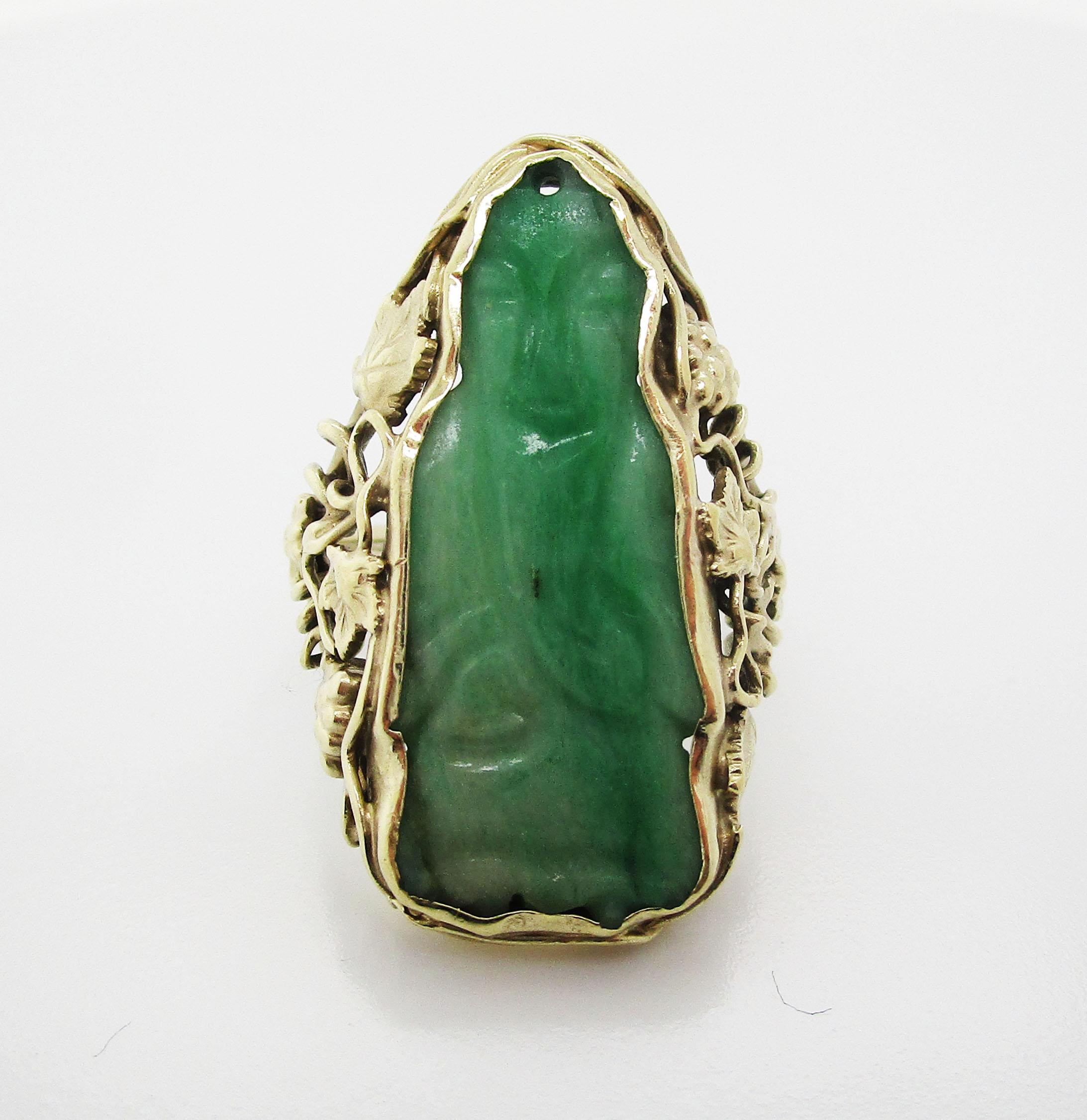 1910 Arts & Crafts 14k Green Gold Carved Jade Statement Ring For Sale 1