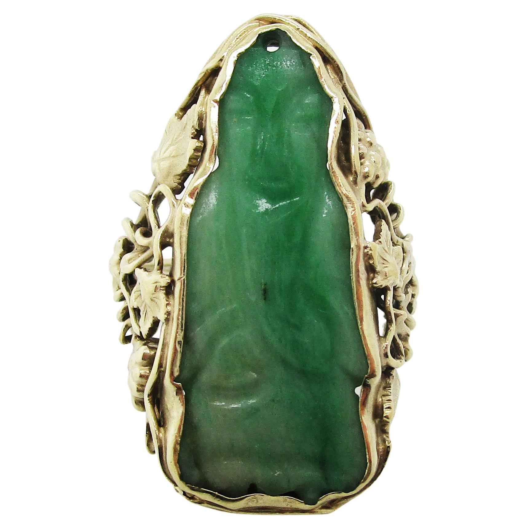 1910 Arts & Crafts 14k Green Gold Carved Jade Statement Ring For Sale