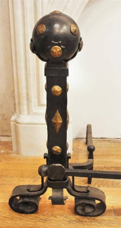 1910 Arts & Crafts Hand Brass and Wrought Iron Andirons