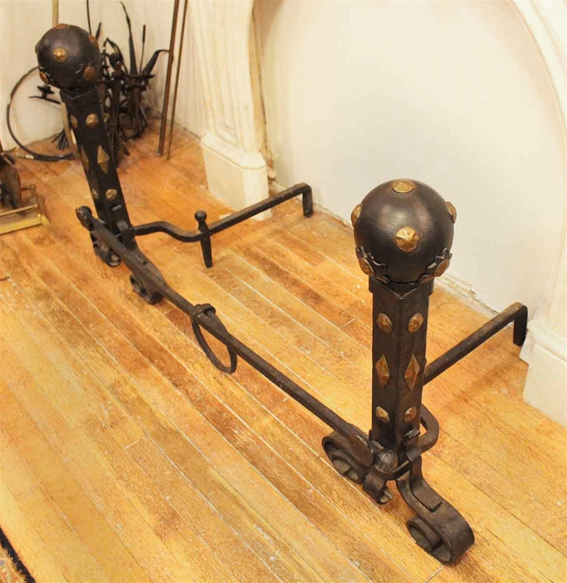 Early 20th Century 1910 Arts & Crafts Hand Brass and Wrought Iron Andirons