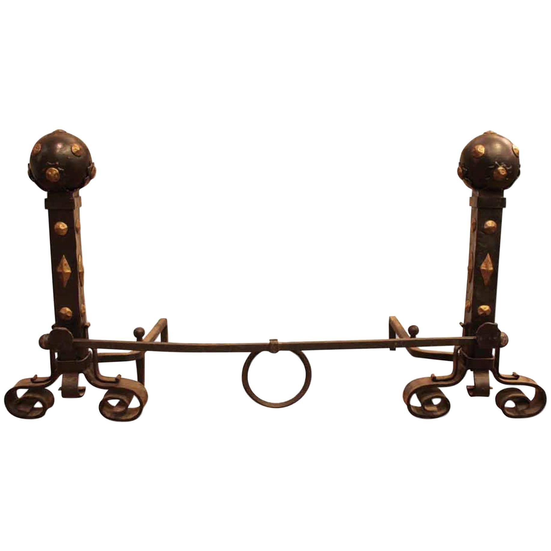 1910 Arts & Crafts Hand Brass and Wrought Iron Andirons