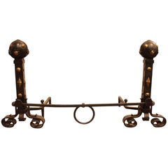 1910 Arts & Crafts Hand Brass and Wrought Iron Andirons