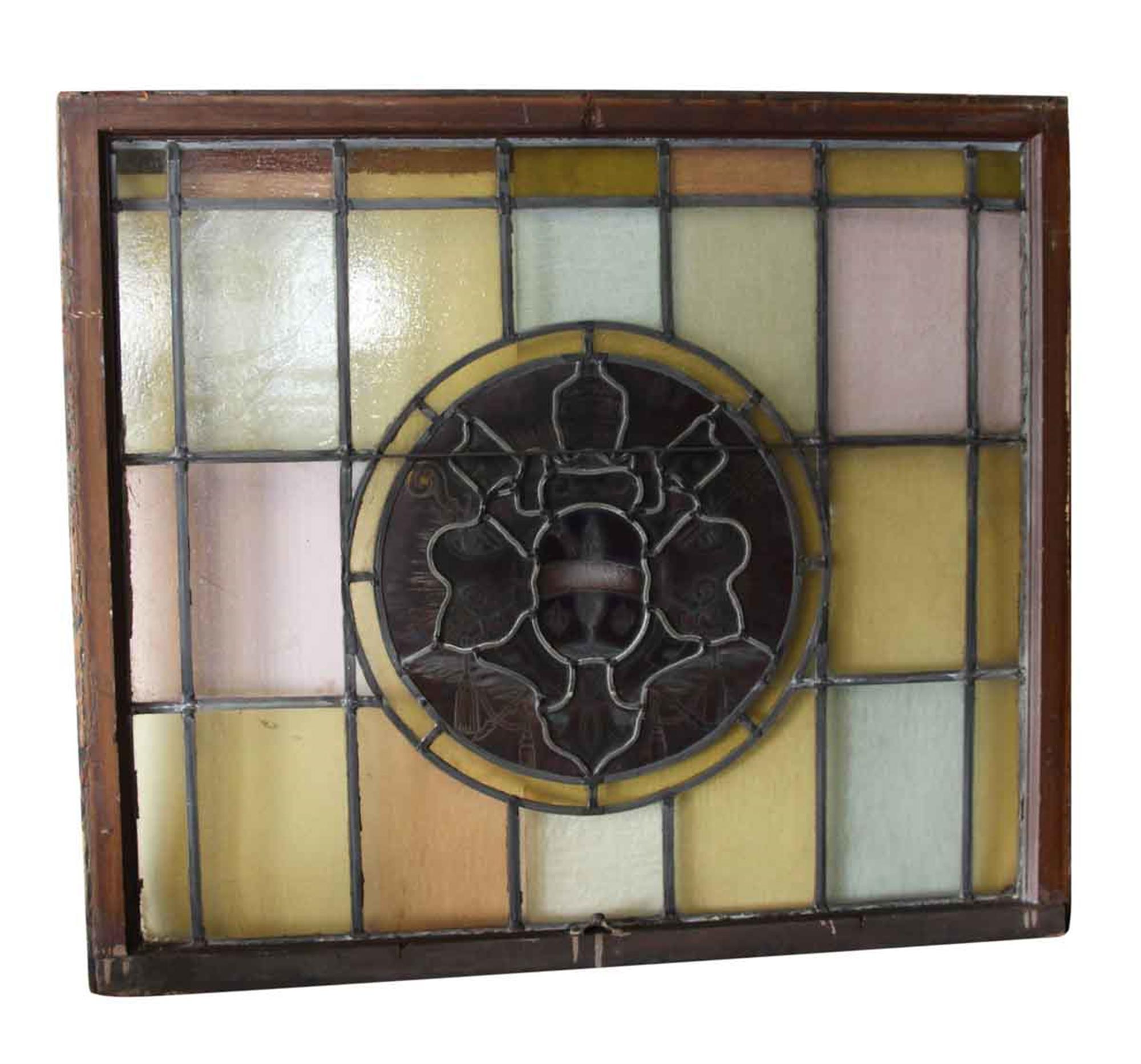 American 1910 Arts & Crafts Stained Leaded Glass Window with Ecclesiastical Motif