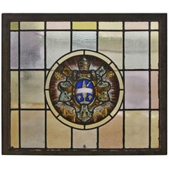 1910 Arts & Crafts Stained Leaded Glass Window with Ecclesiastical Motif