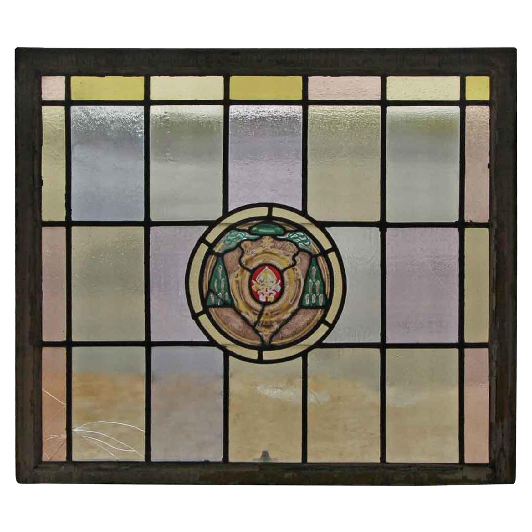 1907 Arts & Crafts Stained Leaded Glass Window with Ecclesiastical Motif