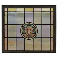 1907 Arts & Crafts Stained Leaded Glass Window with Ecclesiastical Motif