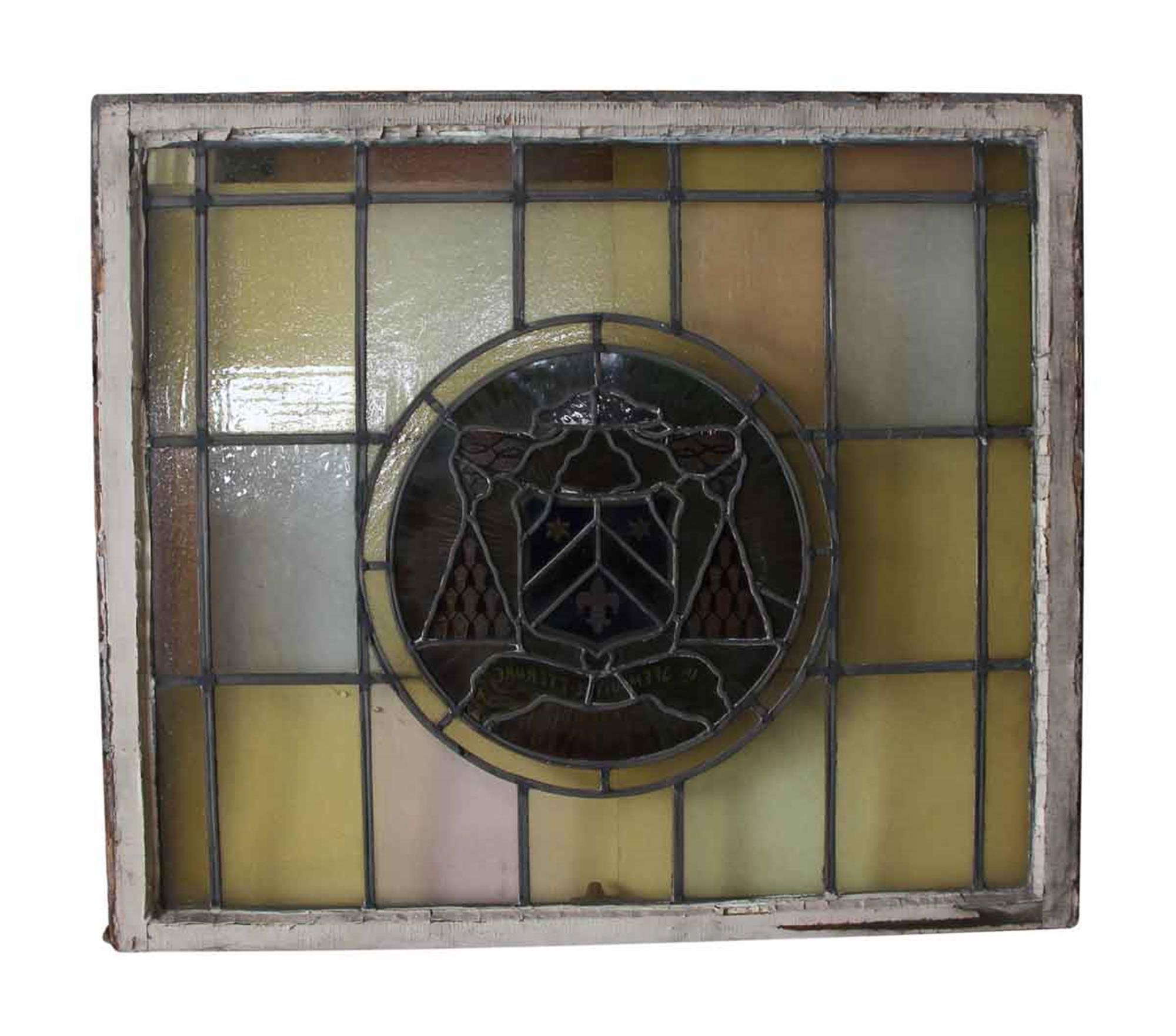 American 1910 Arts & Crafts Stained Leaded Glass Window with Fleur de Lis and Star Motif