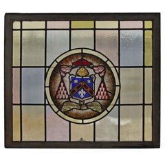 1910 Arts & Crafts Stained Leaded Glass Window with Fleur de Lis and Star Motif