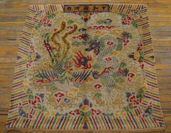 1910 Beige Multicolor Bird Dragon Chinese Silk & Metal Thread Rug 4' x 4' Carpet