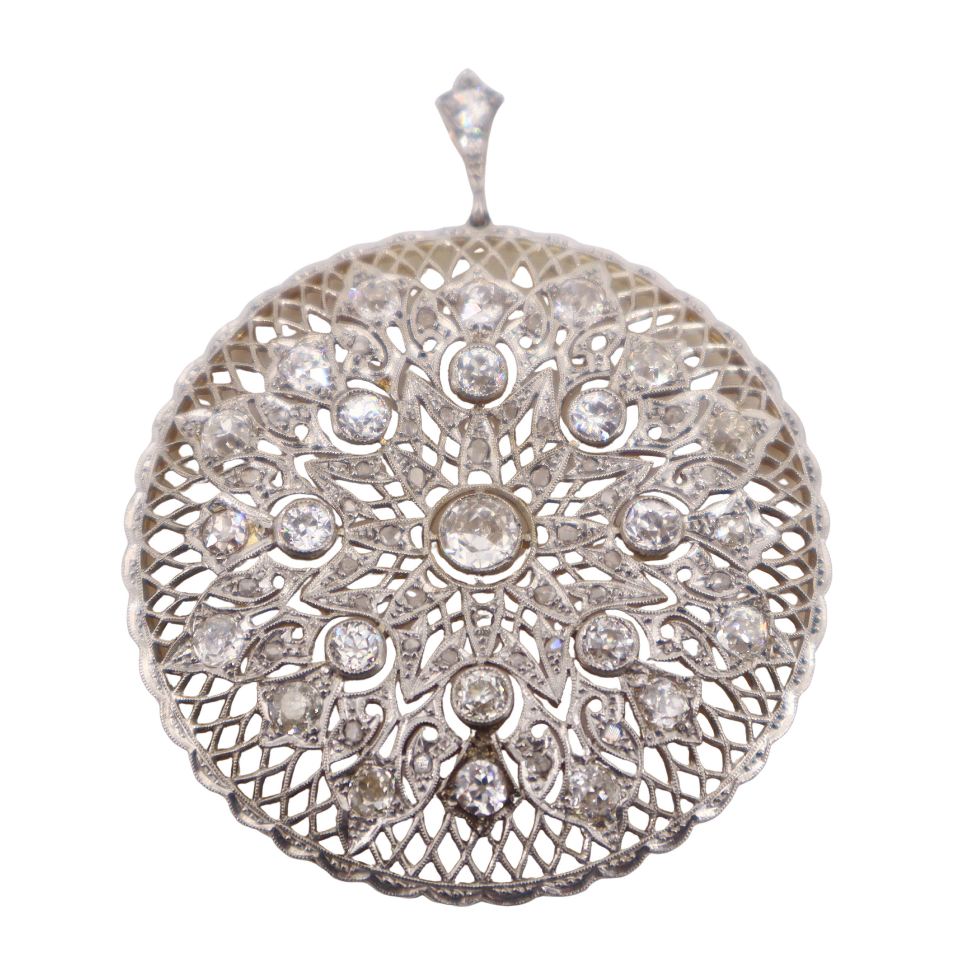 Belle Époque 1910 Belle Epoque filigree Pendant in 18kt & Platinum with 4.70 Cts in Diamonds For Sale