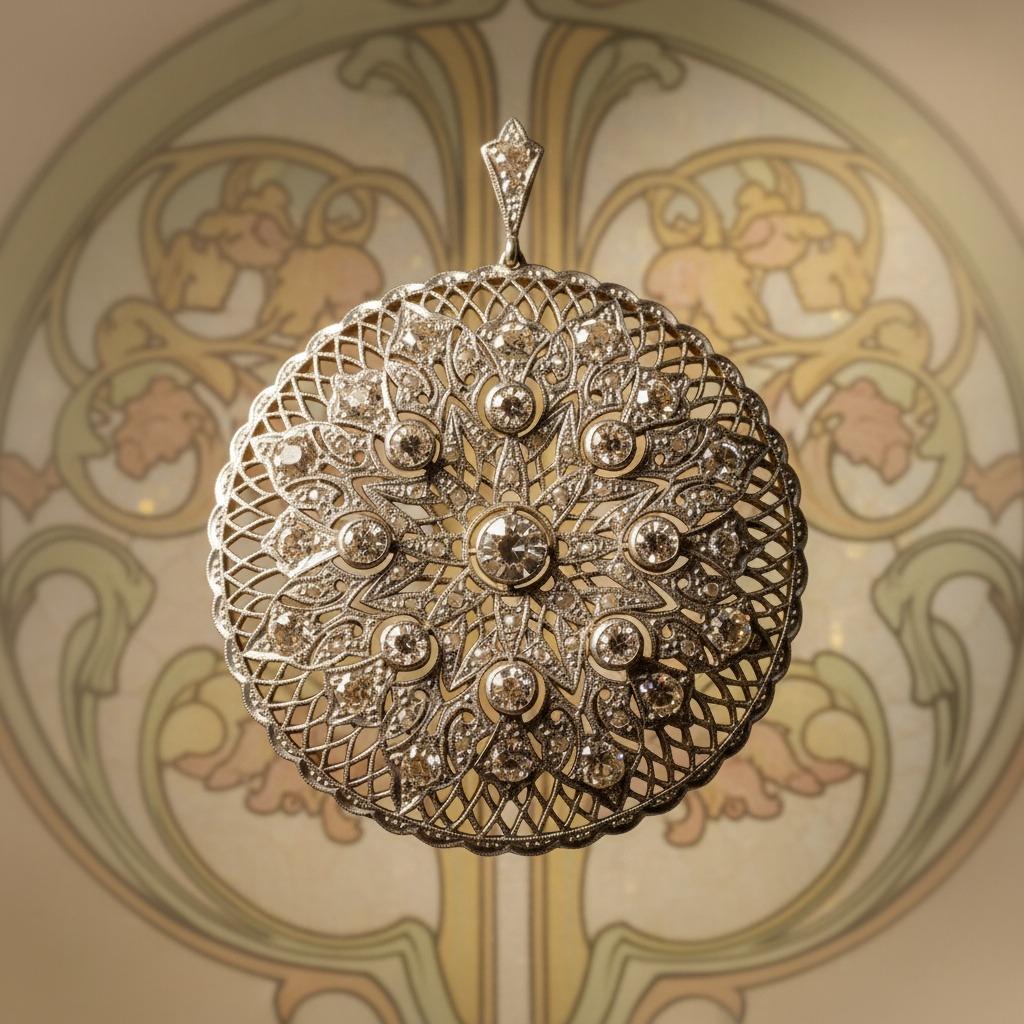 Ciondolo in filigrana Belle Epoque del 1910 in 18kt e platino con 4,70 carati di diamanti in vendita 1