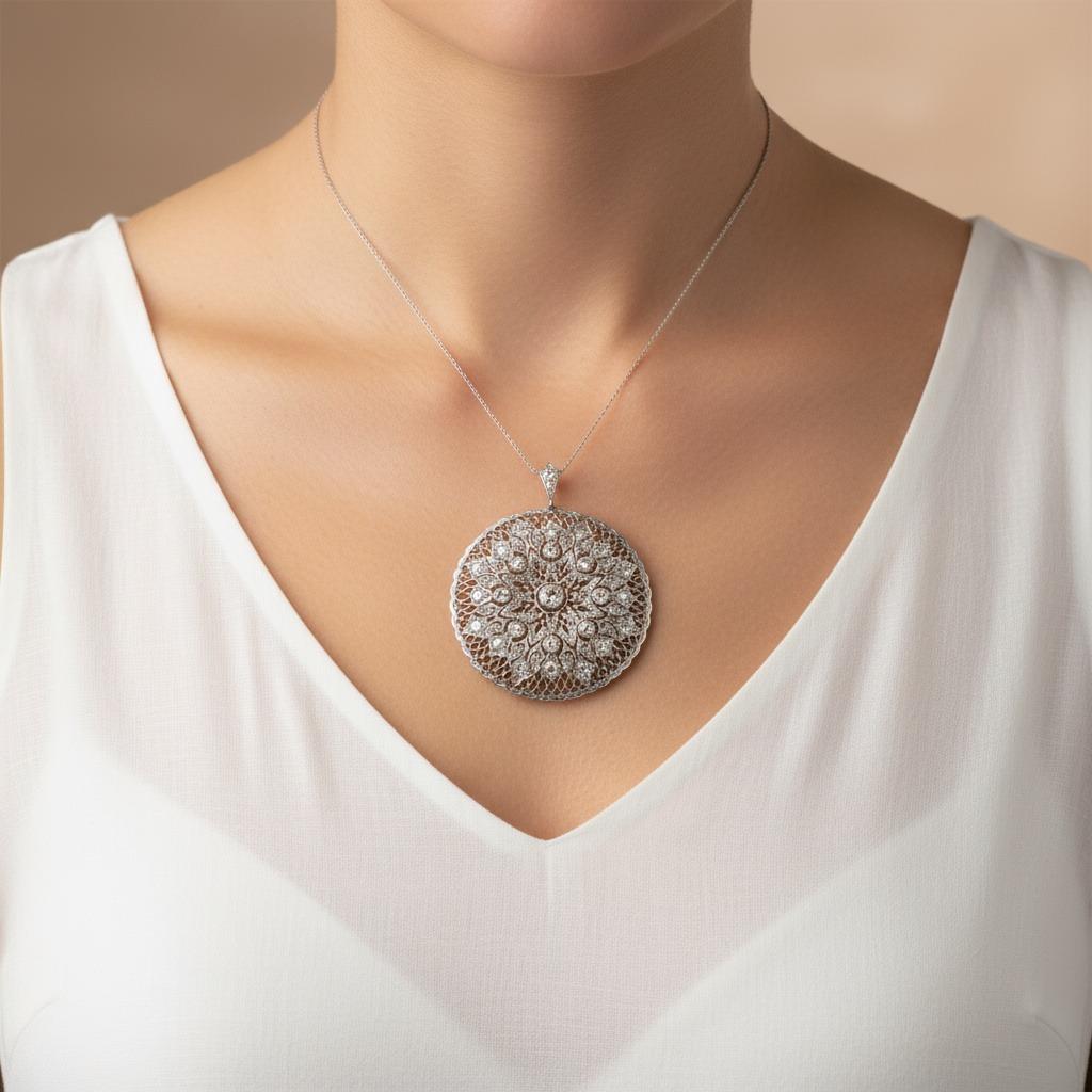 Ciondolo in filigrana Belle Epoque del 1910 in 18kt e platino con 4,70 carati di diamanti in vendita 2