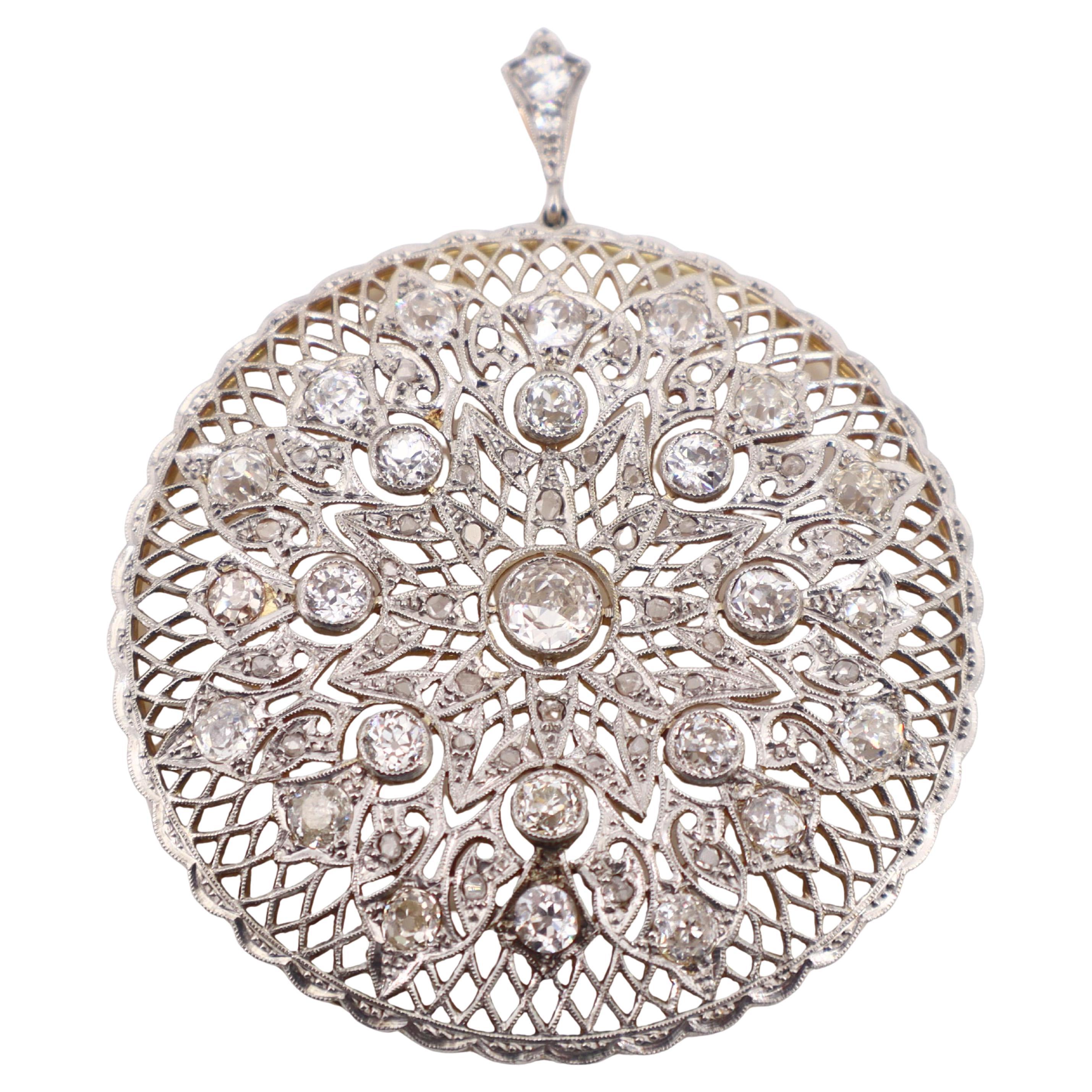 1910 Belle Epoque filigree Pendant in 18kt & Platinum with 4.70 Cts in Diamonds For Sale