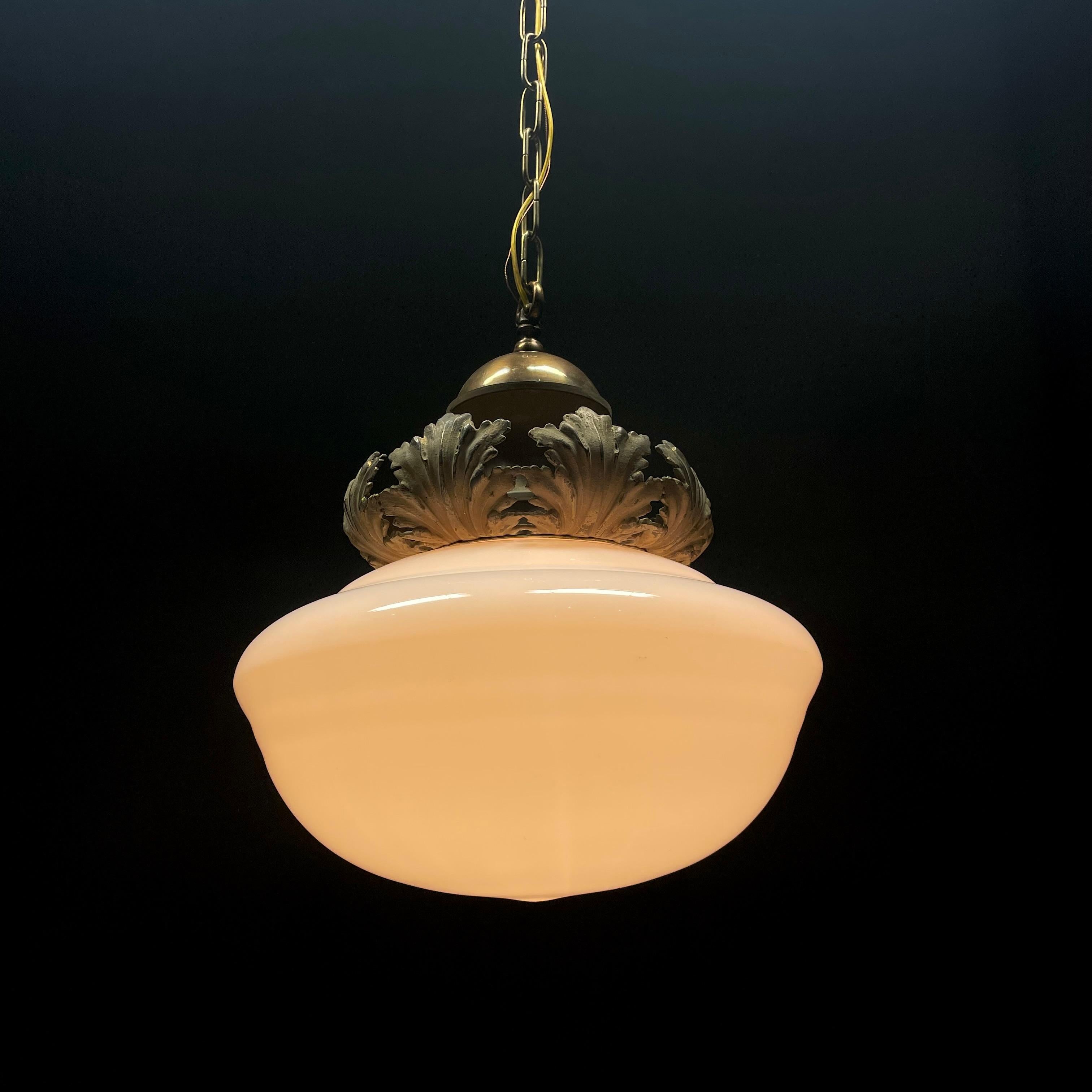 Neoclassical 1910 bronze large milk glass neoclassical pendant light For Sale