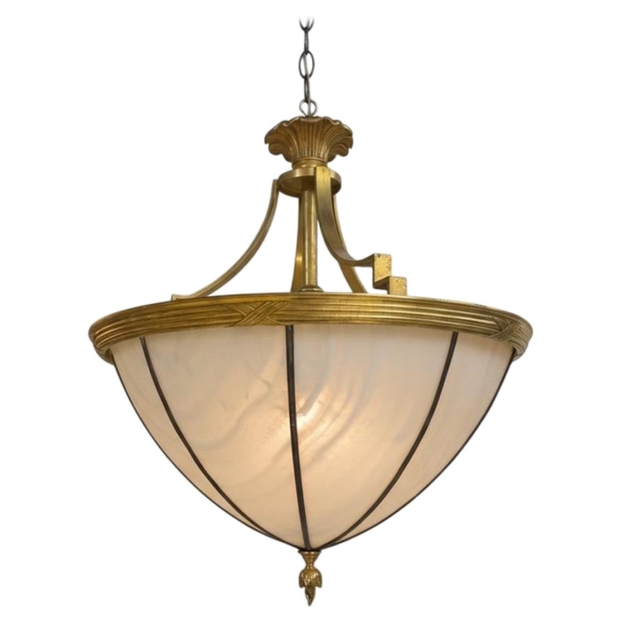 1910 Bronze Leaded Glass Pendant For Sale