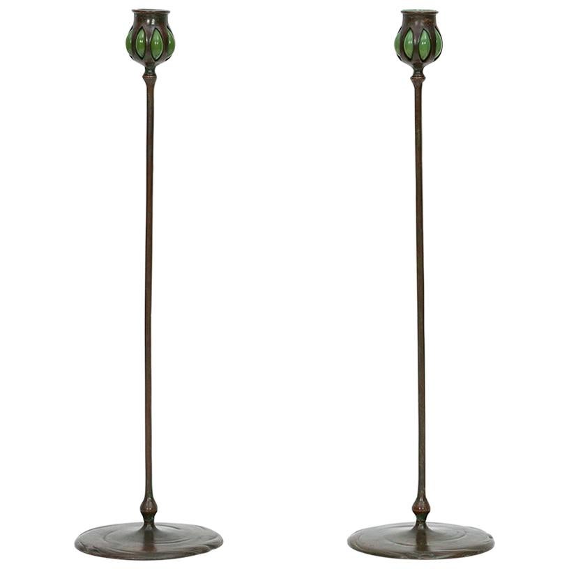 1910 Bronze Pair of Tiffany Studios Candlesticks