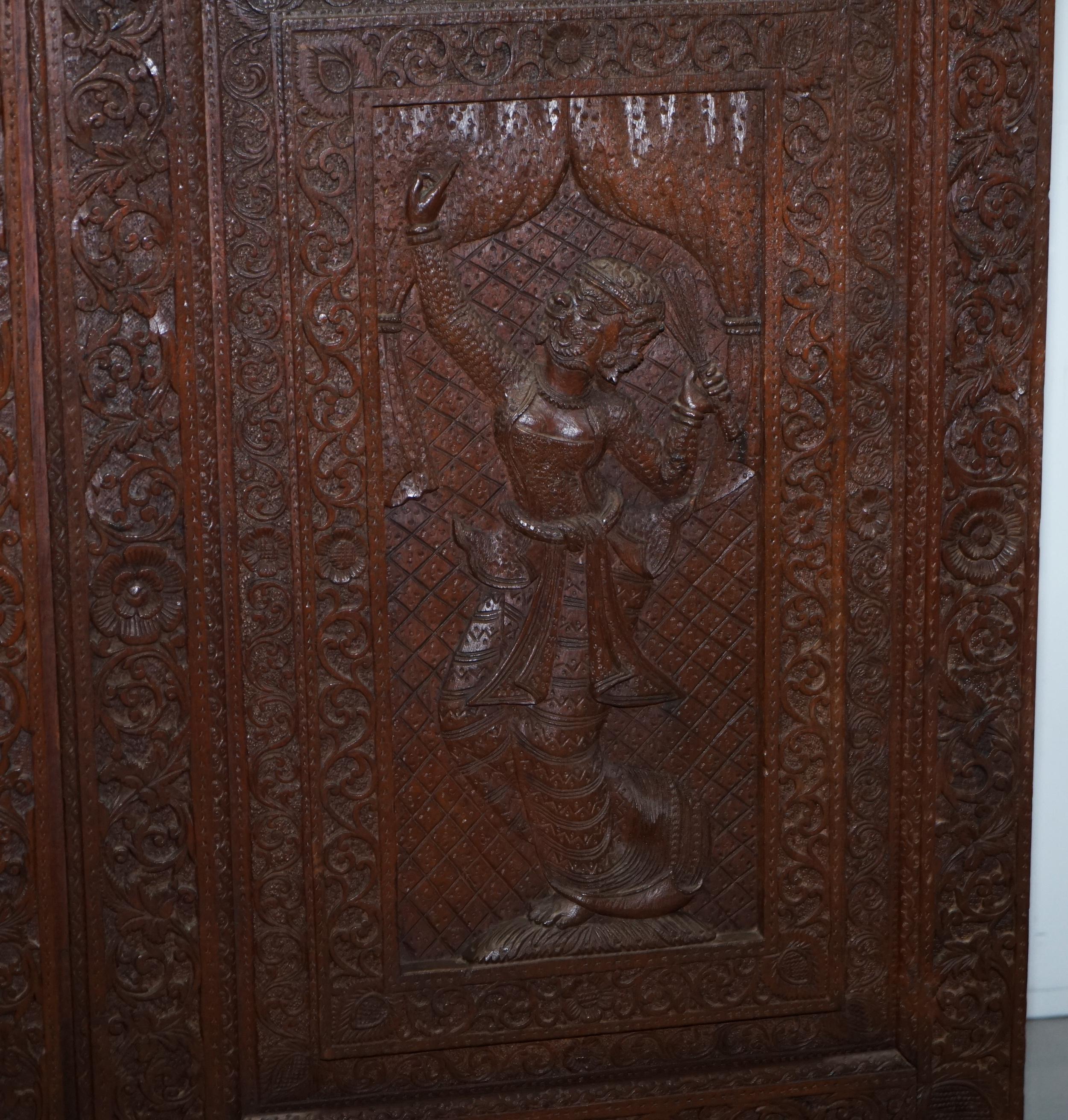 1910 Burmese Anglo Indian Hand Carved Wardrobe Armoire Cupboard Campaign Drawers 3