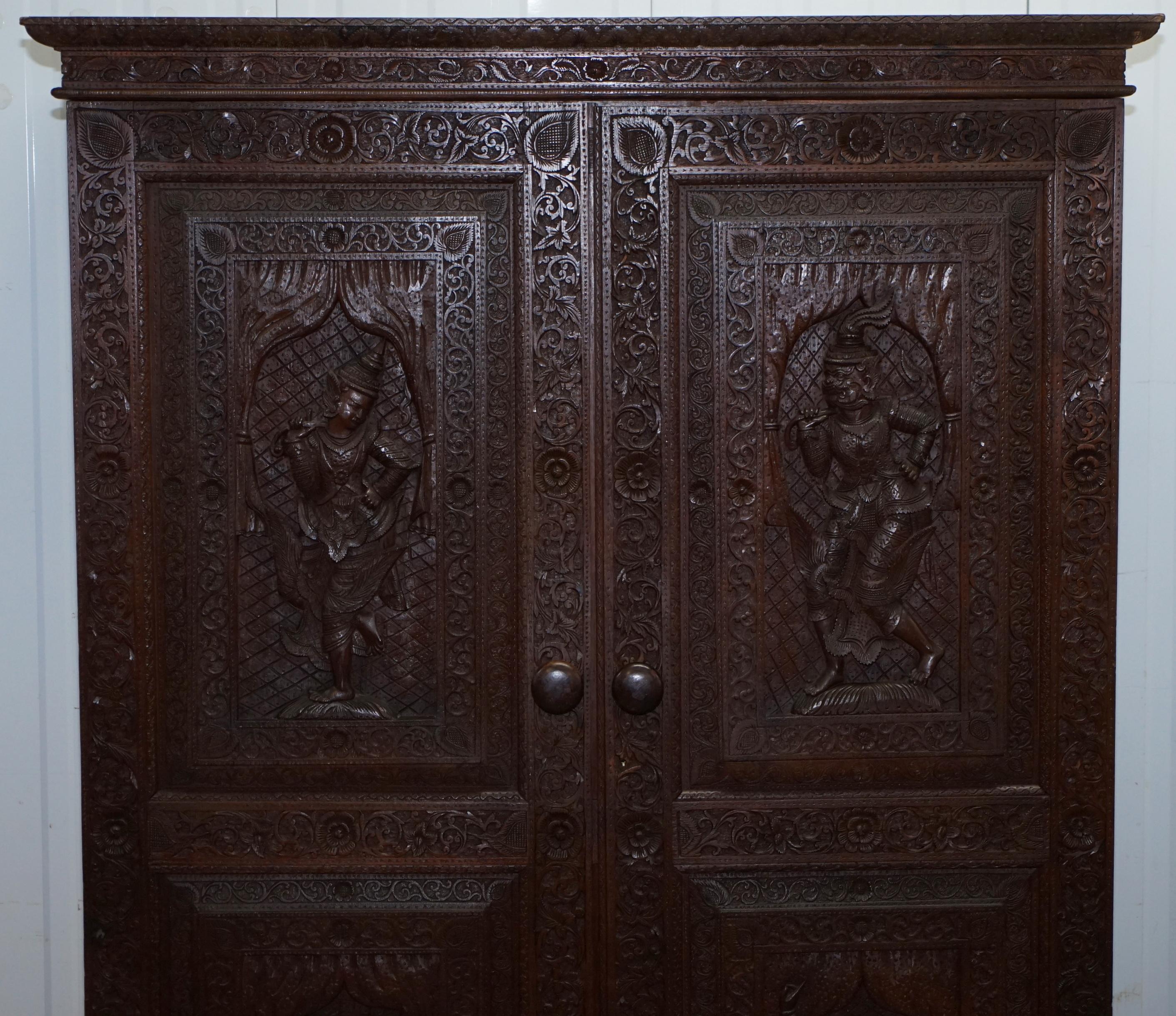Anglo-Indian 1910 Burmese Anglo Indian Hand Carved Wardrobe Armoire Cupboard Campaign Drawers