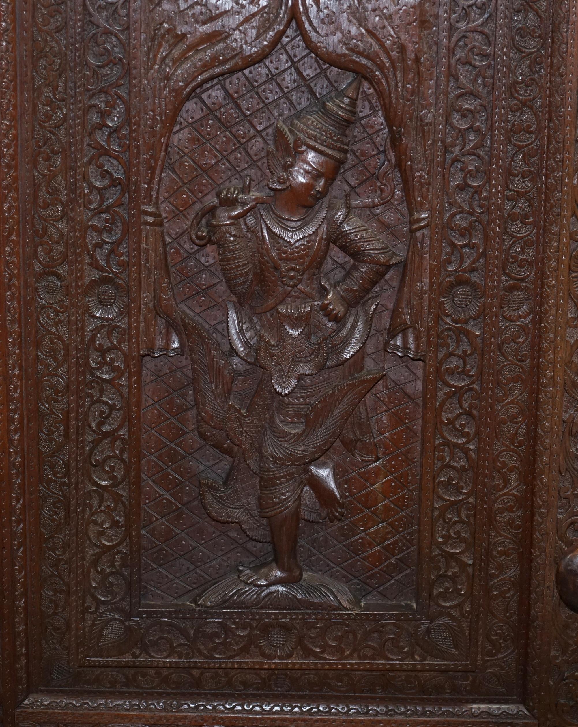 Early 20th Century 1910 Burmese Anglo Indian Hand Carved Wardrobe Armoire Cupboard Campaign Drawers
